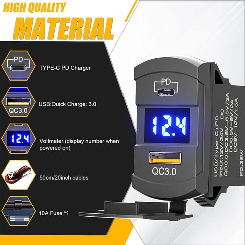 مقبس شاحن PD من النوع C + شاحن USB QC 3.0 + مقياس الفولتميتر مع غطاء مقاوم للماء 12 فولت/24 فولت LED أزرق للوحة مفاتيح مفتاح الروك على المركبات البحرية RV والدراجات النارية (دائرية) in Kuwait