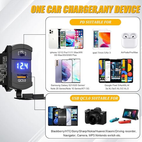 مقبس شاحن PD من النوع C + شاحن USB QC 3.0 + مقياس الفولتميتر مع غطاء مقاوم للماء 12 فولت/24 فولت LED أزرق للوحة مفاتيح مفتاح الروك على المركبات البحرية RV والدراجات النارية (دائرية) in Kuwait