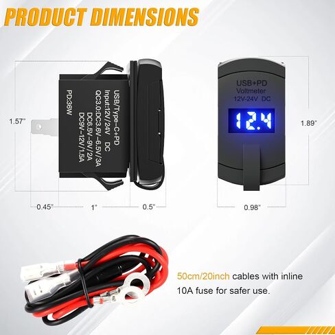 مقبس شاحن PD من النوع C + شاحن USB QC 3.0 + مقياس الفولتميتر مع غطاء مقاوم للماء 12 فولت/24 فولت LED أزرق للوحة مفاتيح مفتاح الروك على المركبات البحرية RV والدراجات النارية (دائرية) in Kuwait