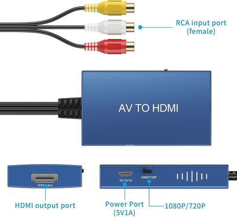 Tengchi RCA to HDMI Converter, Composite to HDMI Adapter Support 1080P PAL/NTSC Compatible with PS one, PS2, PS3, STB, Xbox, VHS, VCR, Blue-Ray DVD Players-Blue in Kuwait