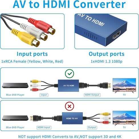 Tengchi RCA to HDMI Converter, Composite to HDMI Adapter Support 1080P PAL/NTSC Compatible with PS one, PS2, PS3, STB, Xbox, VHS, VCR, Blue-Ray DVD Players-Blue in Kuwait