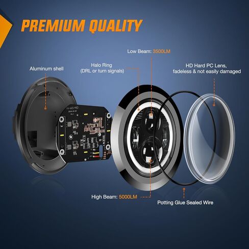 Nilight 5-3/4 5.75 Inch Motorcycles LED Headlight Compatible with Harley Davidson Sportster Iron 883 Dyna Street Bob Super Wide Glide Low Rider Night Rod Train Softail, Black, 2 Years Warranty in Saudi Arabia