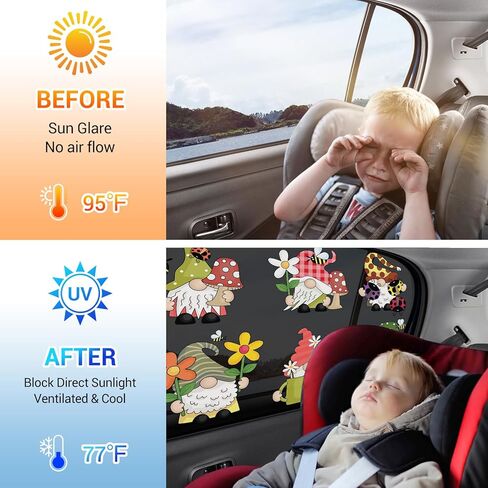ZATOOTO ظلال نافذة السيارة للطفل، 4 عبوات من ظلال السيارات الشبكية للنوافذ الجانبية مع نمط جنوم مضحك، ظل شمس مغناطيسي للسيارة يحمي من الأشعة فوق البنفسجية الحرارية للأطفال محبي جنوم in Kuwait