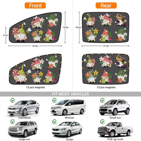 ZATOOTO ظلال نافذة السيارة للطفل، 4 عبوات من ظلال السيارات الشبكية للنوافذ الجانبية مع نمط جنوم مضحك، ظل شمس مغناطيسي للسيارة يحمي من الأشعة فوق البنفسجية الحرارية للأطفال محبي جنوم in Kuwait