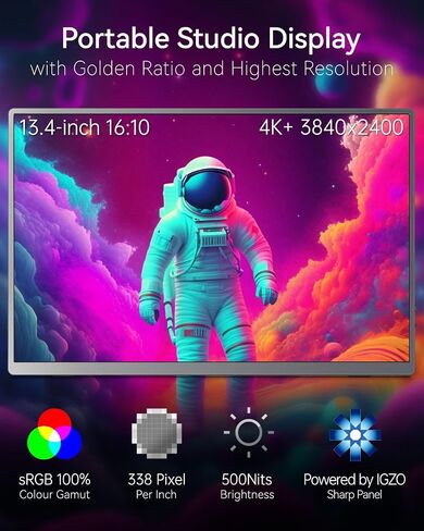 شاشة Intehill 4K المحمولة لأجهزة الكمبيوتر المحمول وأجهزة الكمبيوتر الصغيرة، شاشة كمبيوتر صغيرة متطورة مقاس 13.4 بوصة مع نسبة ذهبية 16:10 ودقة 3840x2400 (13.4 بوصة 4K+ U13NA) in Kuwait