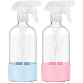 2 Pack Glass Spray Bottles with Silicone Sleeve, 16 oz Empty Refillable Containers with Adjustable Spray Nozzles, Spray Bottles for Hair, Cleaning Solutions and Plants Blue&Grey