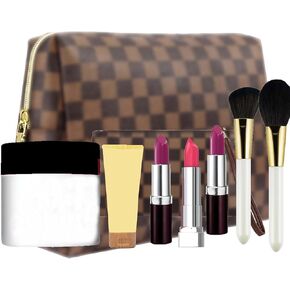 Makeup Bag, Cosmetic Bag, Portable Leather Large Checkered Makeup Bag, 2 Pack Large Capacity Travel Cosmetic Bag for Women, Lightweight Design and Waterproof Toiletries Bag Christmas Gifts