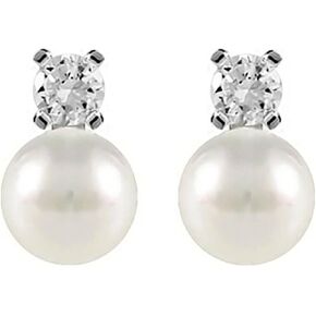 Sterling Silver 7-7.5MM Cultured White Freshwater Pearl 4mm CZ Studs Earrings, One Size, Sterling Silver Pearl, Pearl
