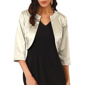 Women's Satin Shrugs 3/4 Sleeve Open Front Elegant Cropped Bolero Cardigans