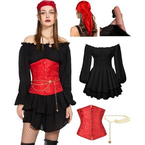 kasahara Pirate Costume Dress Women with Boned Underbust Waist Corset Bandana Pirate Sexy Costumes Accessories 5pcs