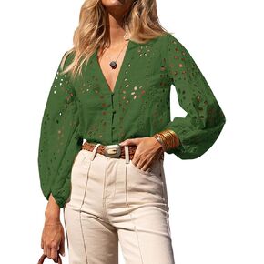 Tankaneo Womens Deep V Neck Eyelet Blouses Tops Dressy Casual 3/4 Balloon Sleeve Cotton Button Down Shirts