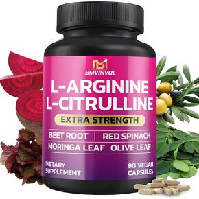 ملحق Bmvinvol L arginine L Citrulline بالإضافة إلى جذر البنجر ، المورينغا ، الزيتون ، السبانخ الأحمر لمستويات طاقة الدعم - 90 كبسولة
