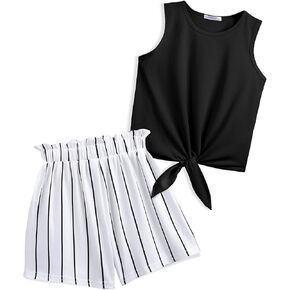 Arshiner Girl's 2 Piece Outfits Summer Tie Knot Tank Top and Paperbag Waist Pocketed Short Sets