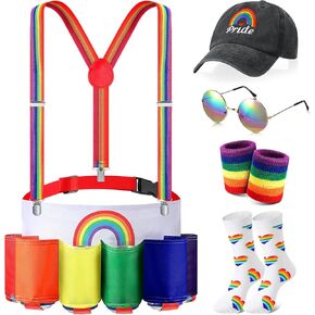 Mepase 6 Pcs Gay Pride Rainbow Fanny Pack Accessories Outfit LGBT Beer Waist Drink Belt Holder Pack Set for Women Men