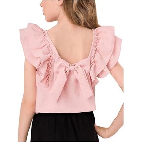 Wdirara Girl's Bow Cap Cap Sleeve Blouses Top Squar