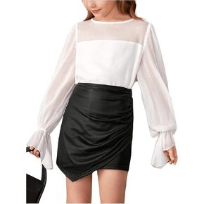 SweatyRocks Girl's Sheer Mesh Blouse Ruffle Long Bell Sleeve Crew Neck Elegant Shirt Tops