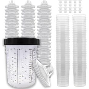 LAUCO 50 Pack Disposable Spray Gun Paint Cups Liners and Lid System Kit - 13.5 Ounce (400ml) Kit - 50 Cup Liners, 50 Lids with 125 Mic Strainer, 1 Hard Cup with Retainer Ring and 20 Plugs