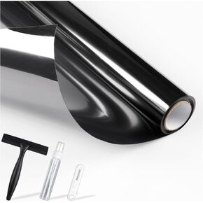 rabbitgoo One Way Window Privacy Film with Kit Window Tint for Home UV Heat Blocking Static Cling Sun Blocker Light Darkening Reflective Mirror Covering See Out Not in 17.5 in X 6.5 Feet Black Silver