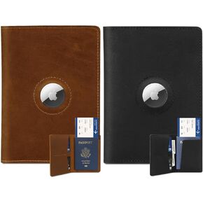 2 Pack Airtag Passport Holder for Men and Women Travel, Real Leather Passport Wallet, Handmade Passport Cover Case with Airtag Slot, Travel Essentials Gifts, Brown&Black