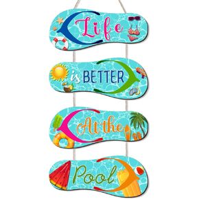 Wooden Beach Wall Hanging Decor Sign Flip Flop Pool Decorations Outdoor Wall Decorations Summer Ocean Sign for Home Summer Tropical Coastal (Blue)