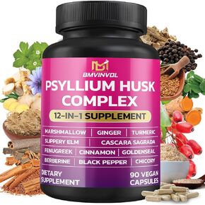 Bmvinvol Psyllium Husk ، Slippery Elm ، Cascara Sagrada ، Fenugreek ، Berberine ، Cinnamon ، Turmeric + 5 Mores - Support Immune and Accestive Health Complement - 90 Capsules