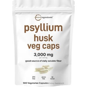 Psyllium Husk Veg Caps 3,000mg, 500 Veggie Capsules | Soluble Fiber Supplement | Max Strength | India Origin | Natural Prebiotics & Probiotics | Gut & Digestive Health Support | Vegan, Non-GMO