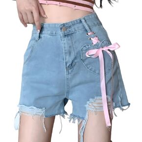 y2k kawaii قوطية قوطية عالية عالية الخصر ساق واسعة A-line lem hem pink heart shorts jean