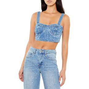 Forever 21 Women Faux Gem Gem Denim Bustier Top