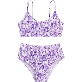 Soly Hux Girl's Floral Print Phinting Suit Smocked Spaghetti Strap Bikini pikini stists swimsuit