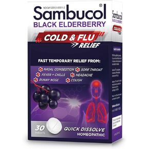 Sambucol Cold and Flu Relief Tablets - Homeopathic Cold Medicine, Cold Remedy for Adults, Black Elderberry for Colds, Zinc Cold Remedy - 60 Count