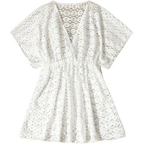 WDIRARA Girl's Sheer Hollow Out V Neck Cover Up Short Sleeve Beach Dress Coverups