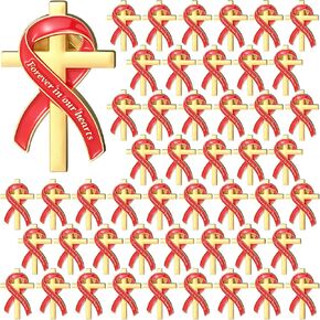 Misdary 50 Pcs Funeral Favors for Guests Funeral Memorial Pin Cross Ribbons Forever in Our Hearts Lapel Brooch Pin for Religious Christian Celebration of Life Mourning Remembrance Day Supplies