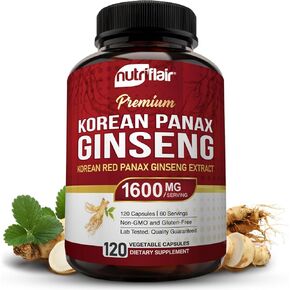 NutriFlair Korean Red Panax Ginseng 1600mg – 120 Vegan Capsules | 5% Ginsenosides | Non-GMO, Gluten-Free | Natural Energy & Focus Support | Made in USA