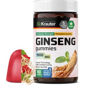 BIO KRAUTER Panax Ginseng Gummies - 1500 mg Strength - 60 Count - Chewable Red Ginseng Supplement - Immune Support Gummies - Vegan, Pectin-Based, Non-GMO