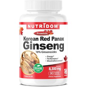 Panax Ginseng Korean-Red 8,300mg per Day, 10% Ginsenosides, Non-GMO, Vegan, Gluten-Free, Soy-Free, and Dairy-Free, 90 Veggie Capsules