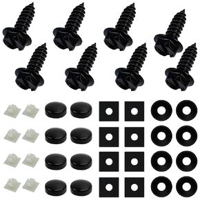 License Plate Screw Kit, Stainless License Plate Screws, Self Tapping Mounting Fasteners with Nylon Inserts, M6 (1/4""), Universal for Car Truck SUV (4 Set Black Sets with Cover+Pad)