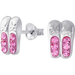 Ballet Shoes Pink Crystals 925 Sterling Silver tud Earrings, Dainty Piercing Jewelry (Pink)
