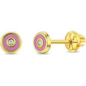 14k Yellow Gold Pink Enamel Round Screw Back Earrings With Clear Cubic Zirconia For Baby Girls and Toddlers - Children's Tiny Pink Earrings For Birthdays - Clear CZ Earrings for Kids