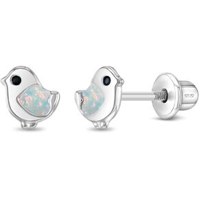 925 Sterling Silver Simulated Opal Dove Safety Screw Back Earrings For Toddlers and Little Girls - Children's Bird Shaped Screw Back Earrings - Bird Themed Kids Earrings