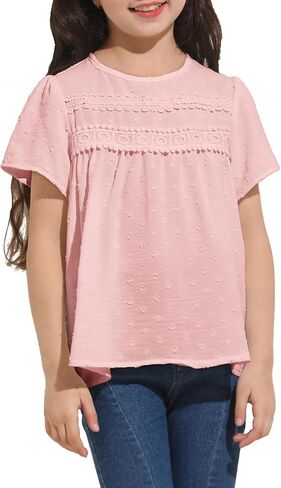 Girl Cute Short Sleeve Shirts Casual Chiffon Blouses Flowy Hem Boho Tunic Tops 4-12 Years in Saudi Arabia