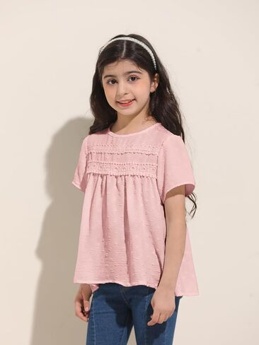 Girl Cute Short Sleeve Shirts Casual Chiffon Blouses Flowy Hem Boho Tunic Tops 4-12 Years in Saudi Arabia