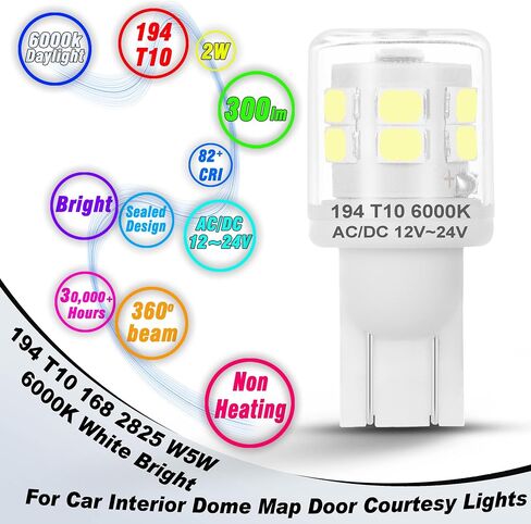 194 LED License Plate Light Bulbs 6000K White Super Bright T10 168 2825 W5W LED Bulbs Replacement for Car Interior Dome Map Door Courtesy Lights, AC/DC 12-24 Volt, 2 Pack in Saudi Arabia