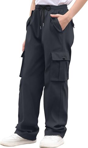 Boys Cargo Pants Wide Leg Pants Teen Kids Drawstring Straight Trousers with Pockets Size 7-14 in Saudi Arabia