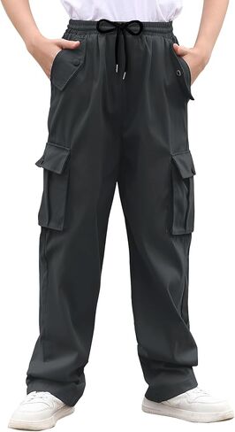 Boys Cargo Pants Wide Leg Pants Teen Kids Drawstring Straight Trousers with Pockets Size 7-14 in Saudi Arabia