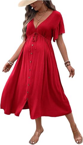 OYOANGLE Women's Maternity Drawstring Waist Midi Dress V Neck Ruffle Short Sleeve Pregnancy Flowy Dresses in Saudi Arabia