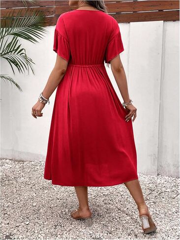 OYOANGLE Women's Maternity Drawstring Waist Midi Dress V Neck Ruffle Short Sleeve Pregnancy Flowy Dresses in Saudi Arabia
