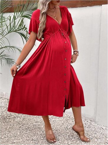 OYOANGLE Women's Maternity Drawstring Waist Midi Dress V Neck Ruffle Short Sleeve Pregnancy Flowy Dresses in Saudi Arabia