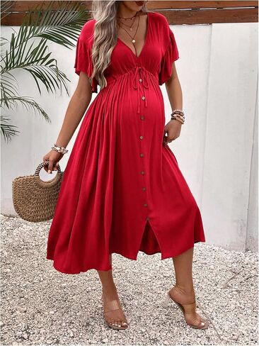 OYOANGLE Women's Maternity Drawstring Waist Midi Dress V Neck Ruffle Short Sleeve Pregnancy Flowy Dresses in Saudi Arabia