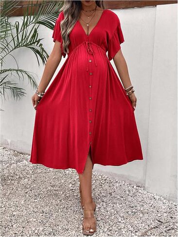 OYOANGLE Women's Maternity Drawstring Waist Midi Dress V Neck Ruffle Short Sleeve Pregnancy Flowy Dresses in Saudi Arabia