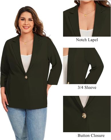 MINTLIMIT Womens Plus Size Blazer 3/4 Sleeve Notch Lapel Casual Work Blazers One Button Open Front Pockets Jackets (XL-5XL) in Saudi Arabia